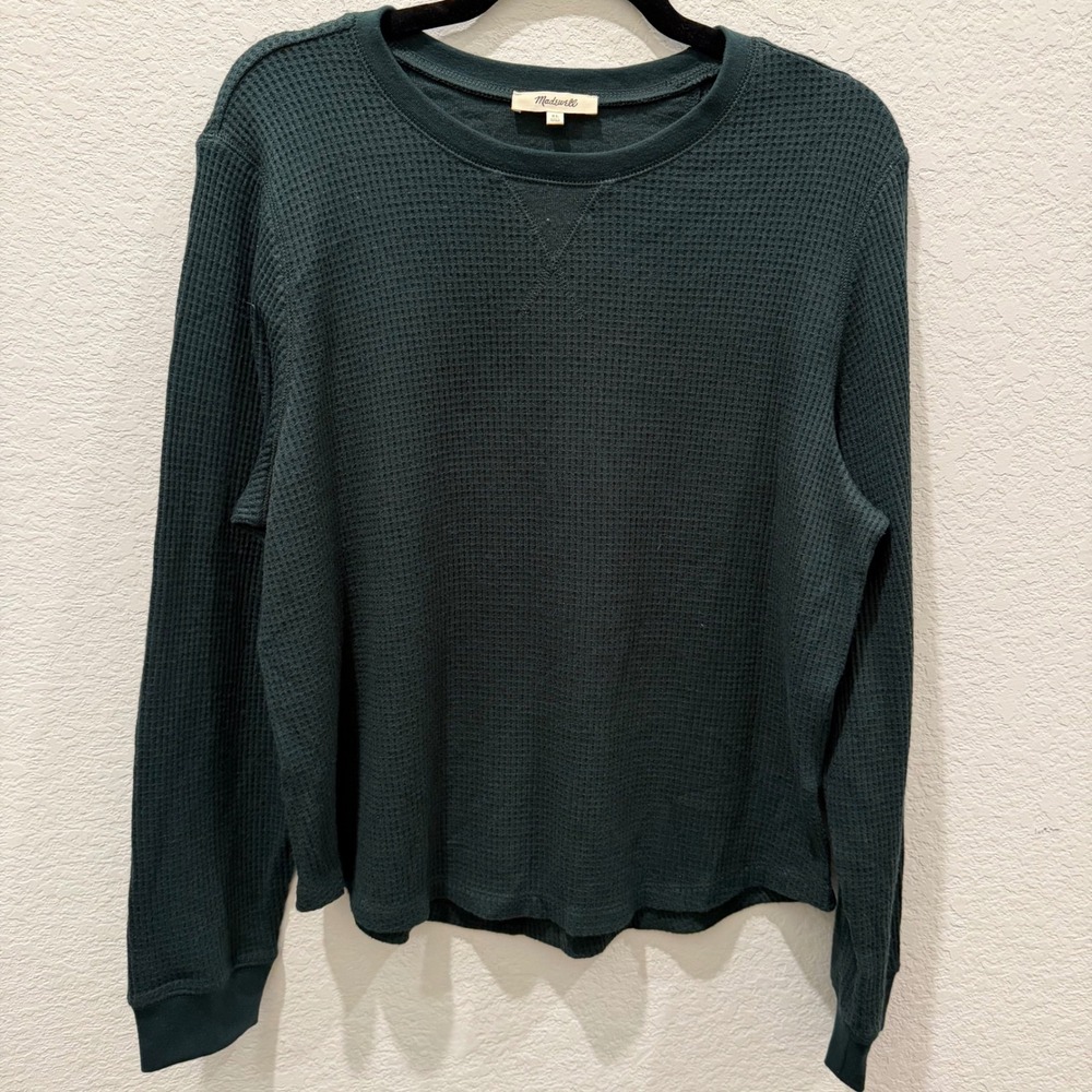 Madewell Womens XL Forest Green Waffle Knit Long Sleeve Thermal Top Crewneck